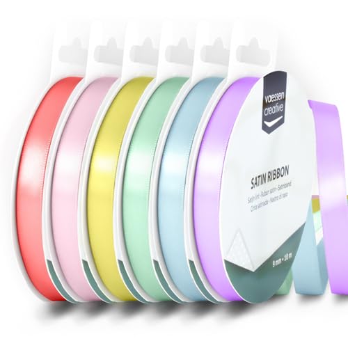 Vaessen Creative Satinband 9 mm x 10 m - Doppelseitiger Schleifenbänder und Dekoband zum Basteln - Geschenkband und Stoffbänder für Deko und Schateln - Pastell Farben Bunt - 6 Stück von Vaessen Creative