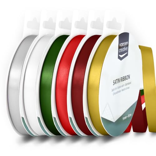 Vaessen Creative Satinband 9 mm x 10 m - Doppelseitiger Schleifenbänder und Dekoband zum Basteln - Geschenkband und Stoffbänder für Deko und Schateln - Weihnachten Farben Bunt - 6 Stück von Vaessen Creative