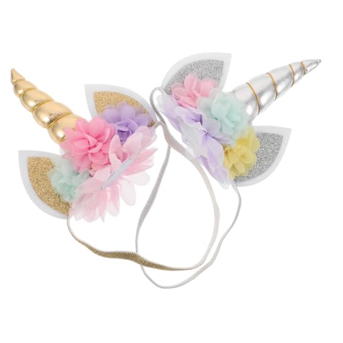 Vaguelly 2 Stück Elastisches Haarreifen mit Spiral blumen Glitzerndes Einhorn horn und Katzenohren Chiffon blüten Stirnband für Geburtstag Cosplay Party und Alltag von Vaguelly