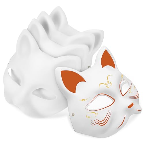 Vaguelly Diy-Papiermaske 5 Stück Katzenmaske Fuchsmaske Kitsune-Masken Unbemalte Maskerademaske Unvollendete Pappmaché-Maske Weiße Bastelmaske Zellstoffrohling Bemalbares Maskenspielzeug von Vaguelly