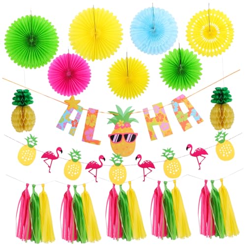 Vaguelly Hawaiian Party Dekoration Flamingo Ananas Papierfächer Girlande Tropische Sommerparty Deko für Geburtstag Hochzeit Fotohintergrund von Vaguelly