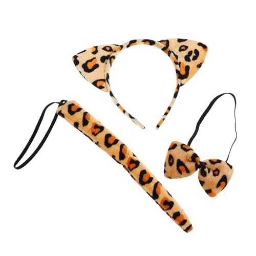 Vaguelly Künstliche Leopardenohren Stirnband Mit Fliege Und Schwanzkinder Kostüm Accessoire Set Weiches Plüsch -ohr -stirnband Für Halloween -tierkleidung Cosplay von Vaguelly