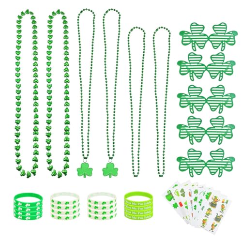 Vaguelly St. Partygeschenk Zum Patrick's Day Kleeblatt Brille Perlenkette Armband Temporäre Tattoo-Aufkleber Zubehör Zum St. Patrick's Day Verkleidungszubehör von Vaguelly