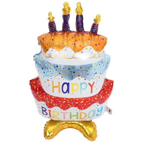 Vaguelly Stehender Happy Birthday Kuchen Folienballon mit Bunter Basis Aluminiumfolie Luftballon für Geburtstagsfeier Stabile Dekoration Einfach Aufzublasen Langlebig und Dichtschlussend von Vaguelly
