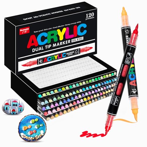 Vakki 120 Acrylstifte für steine wasserfest, Doppelspitze Acrylmarker, Acrylic marker Acrylmarker Set Perfekt für Steine Bemalen, Glas, Holz, Keramik, Metall & Leinwand von Vakki