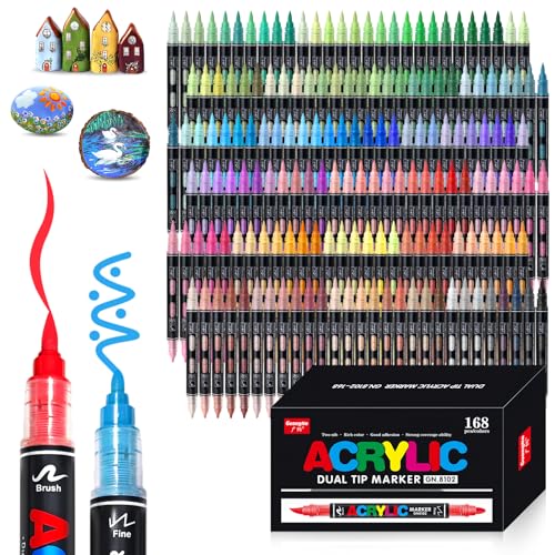 Vakki 168 Farben Acrylstifte für steine wasserfest, Doppelspitze Acrylmarker, Acrylic marker Acrylmarker Set Perfekt für Steine Bemalen, Glas, Holz, Keramik, Metall & Leinwand von Vakki