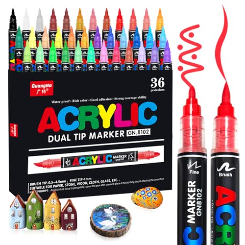 Vakki 36 Acrylstifte Doppelspitze (feine Spitze und Pinsel) Acrylic Paint Marker für Stoff, Leinwand, Glas und verschiedene Oberflächen, Acrylstifte für steine wasserfest für DIY-Handwerksprojekte von Vakki