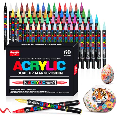Vakki 60 Acrylstifte für steine wasserfest, Doppelspitze Acrylmarker, Acrylic marker Acrylmarker Set Perfekt für Steine Bemalen, Glas, Holz, Keramik, Metall & Leinwand von Vakki
