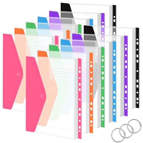 Vakki Dokumententasche A4, 12 Stück Transparent Dokumententasche A4, 6 Farben Erweiterbare Wasserdicht Dokumenten Mappen Abheftbar mit Klettverschluss, Etikettentasche für Organisieren von Dokumenten von Vakki