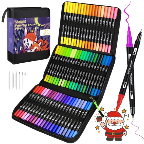 Vakki Dual Brush Pen Set, 60 Farben Filzstifte Filzstifte Dicke Und DüNne Mit Schwarzer Tragetasche, Stifte Set FüR Bullet Journal, Mandala, Manga, MalbüCher, Handlettering FüR Kinder Und Erwachsene von Vakki