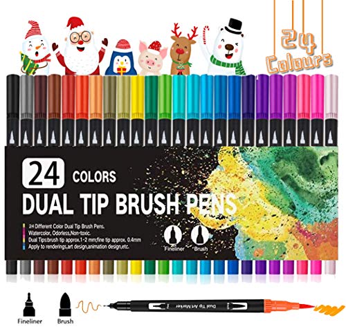 Vakki Dual Brush Pen Set, Filzstifte 24 Farben Dual Tip Stifte Fineliner, Pinselstifte Aquarell Marker, Filzstifte Dicke und Dünne für Kinder und Erwachsene Malbücher, Manga stifte Malstifte Vakki Dual Brush Pen Set, Filzstifte 24 Farben Dual Tip Stifte Fineliner, Pinselstifte Aquarell Marker, Filzstifte Dicke und Dünne für Kinder und Erwachsene Malbücher, Manga stifte Malstifte von Vakki
