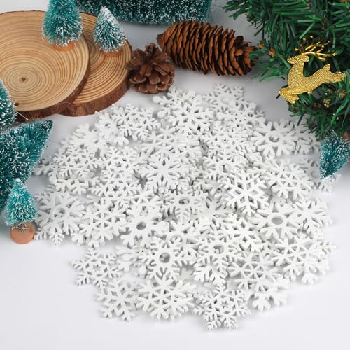 100 Stücke Schneeflocken Weihnachtsbaumschmuck Holz, 35 mm Weiß Holzanhänger Weihnachtsbaum, Streudeko Schneeflocken Holz, Tischdeko Baumschmuck für DIY Basteln Geschenk Weihnachtdeko von Vaktop