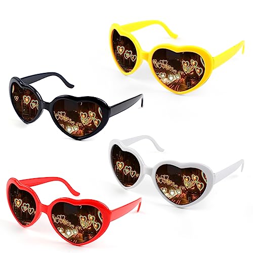 Vaktop Herz Brille Effekt, 4 Stück Diffraction Glasses, 3D Heart Sunglasses Effect, Beugungs Brille Spezialeffektbrillen für Fasching Musikfestivals Kostümfest Party Bar Herzen Sonnenbrille von Vaktop