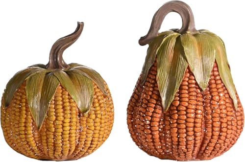 Valery Madelyn 2er Künstlich Kürbis für Herbstdeko Halloweendeko,Innen und Außen,Simulation Kürbisse in Maiskornmuster aus Kunstharz,Fall Decor Tischdeko,Geschenk Thanksgiving,10/12cm(M) von Valery Madelyn