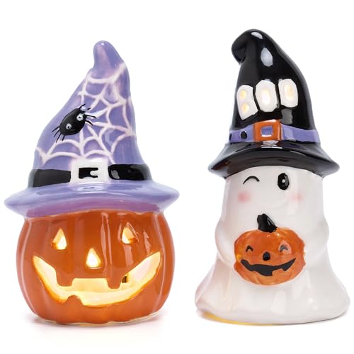 Valery Madelyn 2er Set Halloween Deko mit farbwechselnden Lichtern, 10cm Halloween Kürbisse und Geister Figuren aus Keramik für Halloween Party von Valery Madelyn
