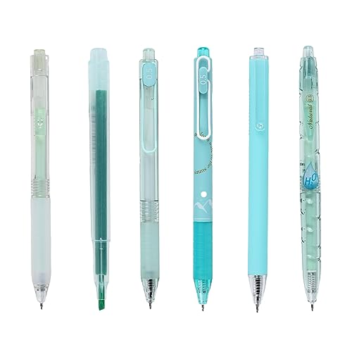 5 Stück Gelschreiber mit 1 Stück Farbiger Textmarker,0,5mm Feine Spitze,Aesthetic Stifte,Schnell Trocknende Schwarze Tinte,Einziehbare Kugelschreiber und Textmarker Set für Schule Büro Zuhause (Grün) von Valicaer