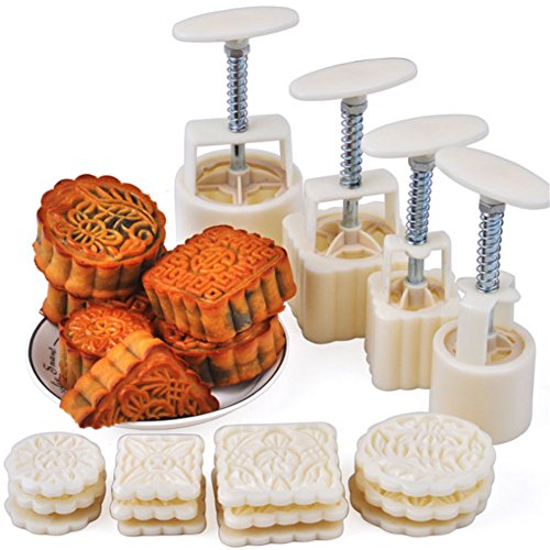 Mondkuchen-Formen-Set 16-teilig mit Handpresse + 100 g/50g-Pressbehälter Blumen-Design Kunststoff rund und quadratisch von Valink