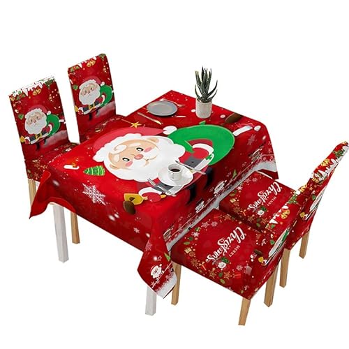 Valink Weihnachten Tisch- und Stuhlhussen Set Küche Esszimmer Tischdecke Dekorationen Rot Weihnachtsmann Tischdecke 140x210 von Valink
