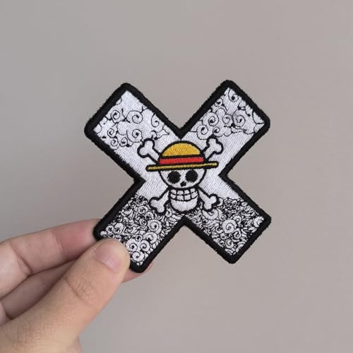 VALKYNEA Aufnäher 100 % bestickt, inspiriert von Anime-Fan, Kunst, Luffy Kreuz, Jolly Roger, OP, Totenkopf, Patch Embroidery, bestickte Applikation (Hook & Loop / Velcr0) von Valkynea