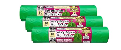 Vallian - Extra Große GRÜNE Müllsäcke 120 Liter - Abmessungen 80 x 110 cm - 10 Beutel pro Rolle - reißfest, stark und flexibel - Packung mit 3 Rollen (30 Müllbeutel) von Vallian