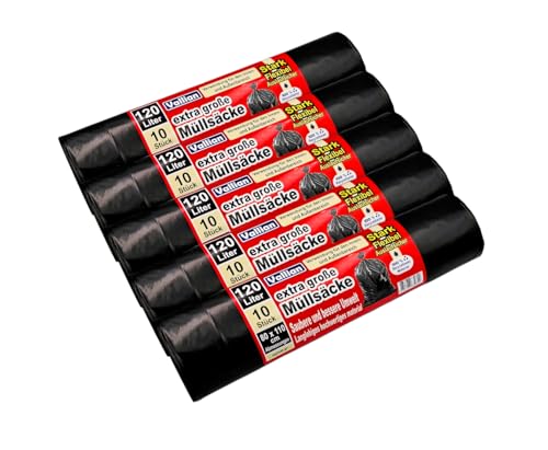 Vallian - Extra Große schwarze Müllsäcke 120 Liter - Abmessungen 80 x 110 cm - 10 Beutel pro Rolle - reißfest, stark und flexibel - Packung mit 5 Rollen (50 Müllbeutel) von Vallian