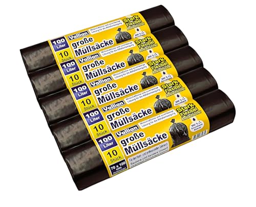 Vallian - Müllsäcke 100 Liter - Größe Abmessungen 70 x 100 cm - 10 Beutel pro Rolle - reißfest, stark und flexibel - Packung mit 5 Rollen (50 Beutel) von Vallian