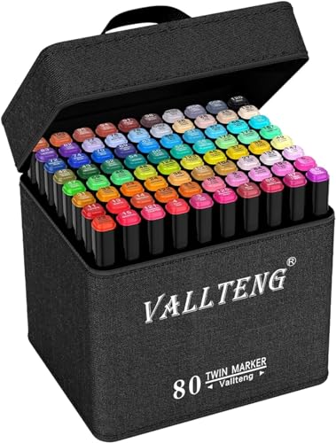 Vallteng 80 Farben Marker Set, Alkohol Permanenter Marker, Farbe schnell in einer Sekunde, Einzigartiges Doppelkopf-Design für Anfänger Hervorheben, Skizzieren, Zeichnen, Ausmalen von Vallteng