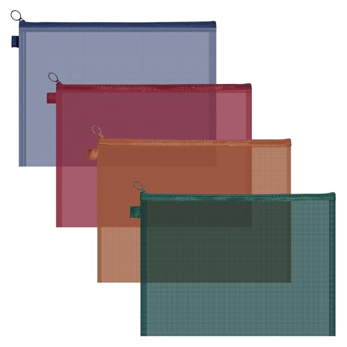 Valtiner 4 x Netztaschen mit Reißverschluss, große Nylon-Netztaschen für Organisation, A4-Größe, transparente Reisedokumenten-Aufbewahrungstasche für Schule, Büro, Heimbedarf (A4) von Valtiner