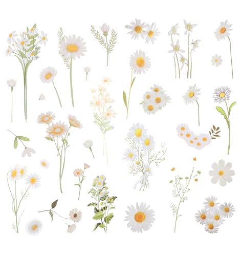 12 Stück Set Sticker Blumen, Aufkleber Blumen Dekorative Gänseblümchen Transparente Folie Vintage-Optik, Wasserdicht DIY Bastelzubehör für Alben Geschenkverpackung Handlettering von ValueBargain