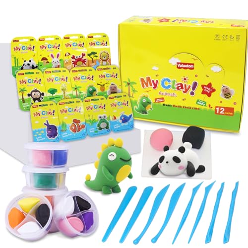 Modelliermasse Lufttrocknend, 12 Schachteln Polymer Clay Set zum Selbermachen mit Modellierwerkzeugen und Anleitungen,Air Dry Clay Set für Mädchen und Jungen von Valuetom