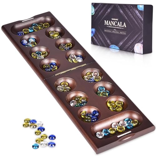 VAMSLOVE Mancala-Brettspiel aus Holz mit Magnetverschluss, 48 + 8 extra bunte Glassteine, zusammenklappbares Mancala-Set für 2 Spieler, ab 6 Jahren (Anleitung im Lieferumfang enthalten) von Vamslove
