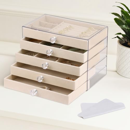Vandicka Schmuckkästchen 5 Ebenen, Schmuckkasten groß, Schmuckschatulle für Mädchen, Schmuckbox Damen, 23.5 x 13.5 x 17.5 cm, für Ohrringe, Halsketten, Ringe, Geschenk Hochzeit, Beige von Vandicka