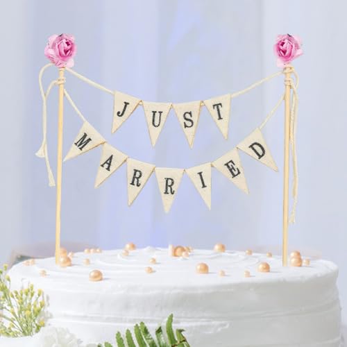 Vandomrise Cake Topper Hochzeit, Just Married Tortendeko, Mini Wimpelkette Vintage Hochzeitstorte Deko, Just Married Cake Topper, Kuchendekoration für Hochzeiten von Vandomrise