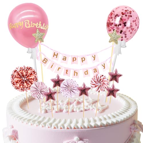 Vandomrise Tortendeko Rosegold 12 Stück, Tortendeko Geburstagstorte, Happy Birthday Kuchendeko, Cake Topper, Papierfächer Sterne und Konfetti-Luftballons für Geburtstag Dekoration Junge Mädchen von Vandomrise