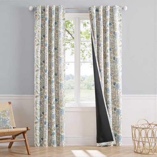 Vangao Blaue Vorhänge für Kinderzimmer, Blumenmuster, Verdunkelungsvorhänge, 213 cm Länge, Bauernhaus-Vorhänge für Schlafzimmer, Zimmer, Verdunkelung, Blumenmuster, Fensterbehandlung für Kinder, 2 von Vangao