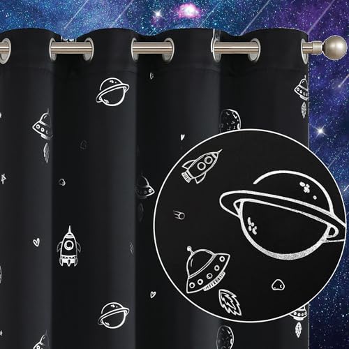 Vangao Schwarze Kindervorhänge für Jungen-Schlafzimmer, Weltraumthema, Verdunkelungsvorhänge für Kinderzimmer, Mädchenzimmer, 213 cm Länge, Silberfolien-Druck, Vorhänge mit Ösen, Vangao Schwarze Kindervorhänge für Jungen-Schlafzimmer, Weltraumthema, Verdunkelungsvorhänge für Kinderzimmer, Mädchenzimmer, 213 cm Länge, Silberfolien-Druck, Vorhänge mit Ösen, von Vangao