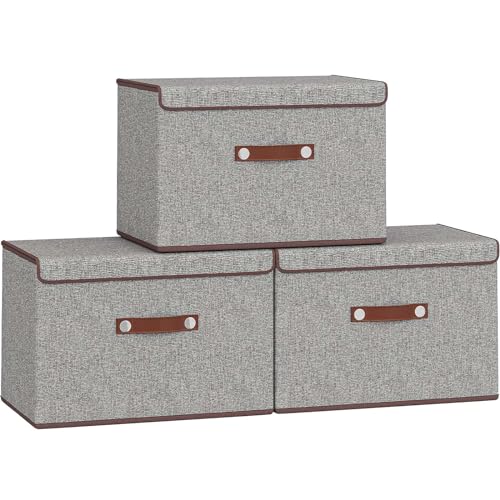 Vantimo 3er Set Aufbewahrungsbox mit Deckel, Faltbare Stoffbox mit PU Griff, Aufbewahrung für Kleidung, Spielzeug, Bücher, Decken, Schrank, Schlafzimmer, Wohnzimmer Aufbewahrungsbox, 38x25x25,Grau von Vantimo