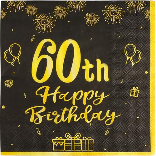 Vanyibro 20 Stück Servietten "Happy 60th Birthday", Schwarz und Gold, elegantes Partyzubehör für Tischdekoration Vanyibro 20 Stück Servietten "Happy 60th Birthday", Schwarz und Gold, elegantes Partyzubehör für Tischdekoration von Vanyibro
