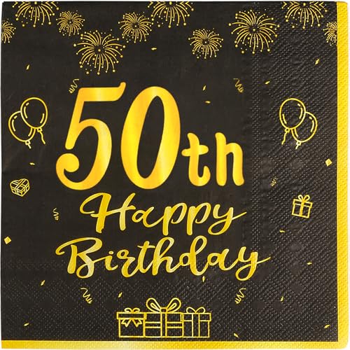 Vanyibro Servietten "Happy 50th Birthday", Schwarz und Gold, elegantes Partyzubehör für Tischdekoration, 20 Stück Vanyibro Servietten "Happy 50th Birthday", Schwarz und Gold, elegantes Partyzubehör für Tischdekoration, 20 Stück von Vanyibro