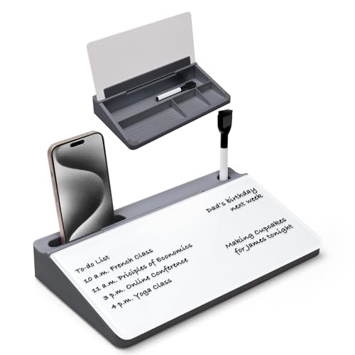 Varhomax Kleines Schreibtisch-Whiteboard aus Glas mit Trockenabwischfunktion, Desktop-Whiteboard mit Aufbewahrung, To-Do-Liste, Notizblock, Schreibtisch-Begleiter und Tastaturständer(Grau und Weiß) von Varhomax