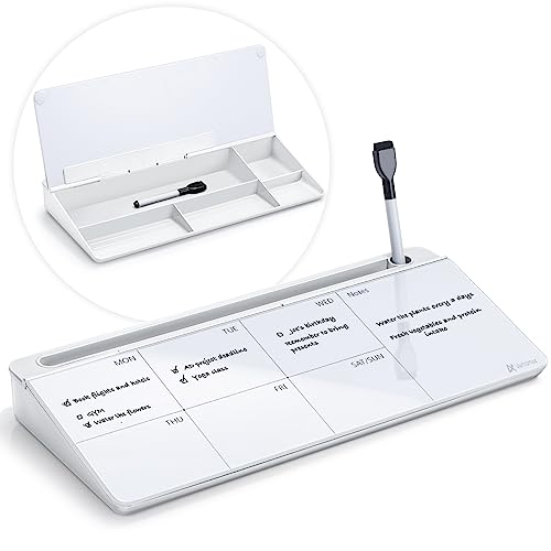 Varhomax Schreibtisch Organizer, Desktop Whiteboard Wochenplaner Glas Weiß Mit Aufbewahrung Abwischbar, To Do Liste, Notizblock und Tastaturständer für Homeoffice, Büro und Schulbedarf von Varhomax