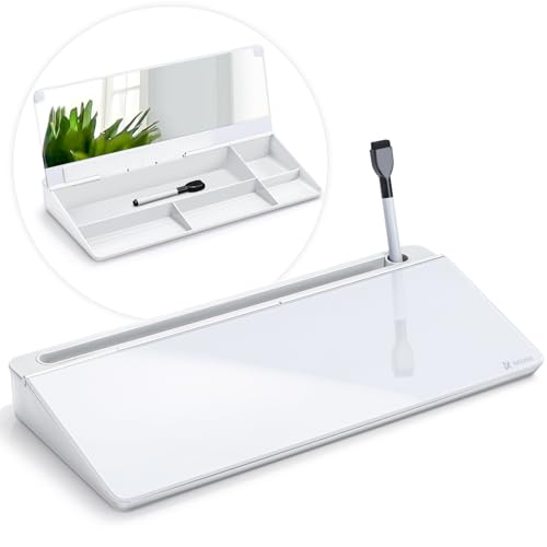 Varhomax Schreibtisch-Whiteboard aus Glas mit integriertem Spiegel, Desktop-Whiteboard mit Aufbewahrung, To-Do-Liste, Notizblock, Schreibtisch-Begleiter und Tastaturständer für Zuhause von Varhomax