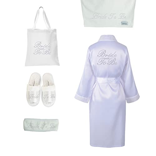 CrystalsRus Varsany Spa-Set für die Braut, Hausschuhe, Handtuch und Haarband, für Flitterwochen und Junggesellinnenabschied Bride To Be von Varsany