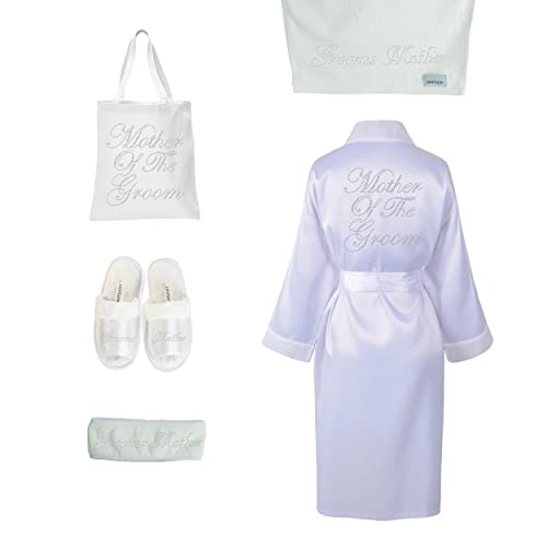 CrystalsRus Varsany Spa-Set für die Braut, Hausschuhe, Handtuch und Haarband, für Flitterwochen und Junggesellinnenabschied Mother of The Groom von Varsany