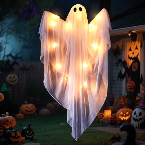 Halloween Geister Deko, LED Gespenster Deko mit 3-Lichtmodi & Sound, Halloween Dekoration Ghosts Anhänger 120 * 60 * 16cm, Batteriebetrieben, für Halloweendeko in Zimmer Garten (Gelb) von Vartegas