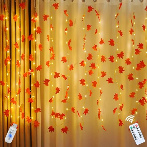 Herbst Lichterkette mit Timer, 3m 100LED Herbstdeko Innen Ahornblätter Lichterkette mit 8 Lichtmodi, USB Wasserdicht Herbst Dekoration Lichterketten Vorhang, für Erntedankfest Herbstdeko von Vartegas