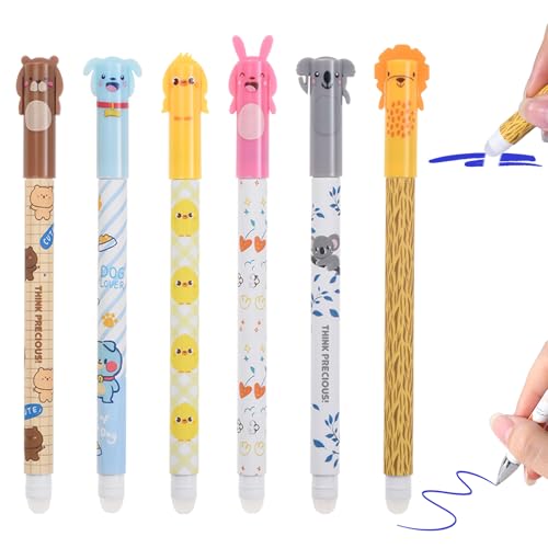 Vartegas 4/6er Set Radierbarer Kugelschreiber, 2025 süße 0.5mm Gelstiften, Radierbarer Stift Blau/Schwarz Tinte, Tier Erasable Pen in Hunde/Bär/Huhn/Kaninchen/Löwe/Koala-Designs (A-Blau) von Vartegas