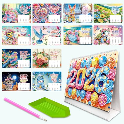 Vartegas Diamond Painting Kalender 2026, DIY Tischkalender 2026 zum Aufstellen, 5D Diamond Painting Erwachsene, Diamant Malerei Set Kalender, für DIY Jan - Dez Kalender Geschenke (F) von Vartegas