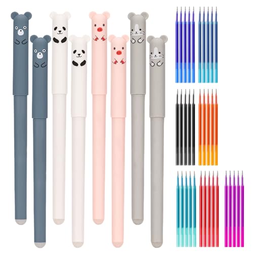 Vartegas Radierbare Stifte, 8er Set Radierbarer Kugelschreiber mit 35er 7-Farben Nachfüllungen, 0,5mm niedlich Erasable Pen Set mit Bärenmuster, inkl. 2 Radiergummis, für Schule Büro (Set A) von Vartegas
