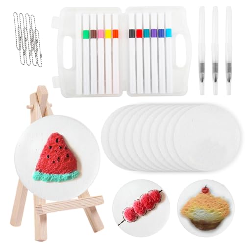 Vaskula Magic Puffy Paint Set 3D Stifte Für Kinder mit 12 Farben Stifte 10 Stük 3D Schaum Malpapier 10 Perlenketten 3 Wasserpinsel und 1 Mini Staffelei für Kinder DIY Kit von Vaskula